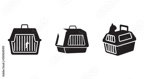 Black pet carriers with cats inside and on top  various animal transport containers