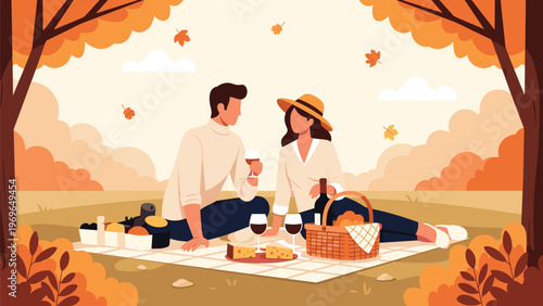 Young couple having a romantic picnic in an autumn park with wine, cheese, and a basket on a blanket among fallen leaves.