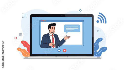 Business presentation or online meeting showing professional man in suit talking during video conference on laptop.