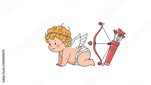 Adorable cartoon baby cupid with wings crawling near a bow and a quiver full of heart shaped arrows on a white background.