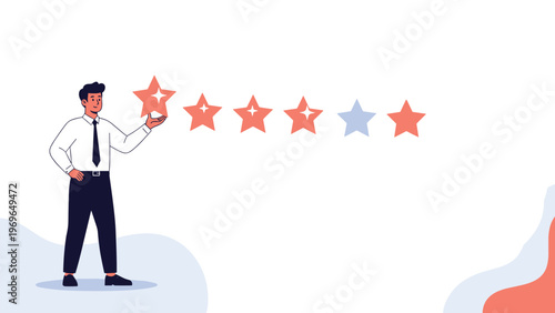 Successful businessman holding a large glowing star while evaluating performance and giving high ratings for quality customer service experience.