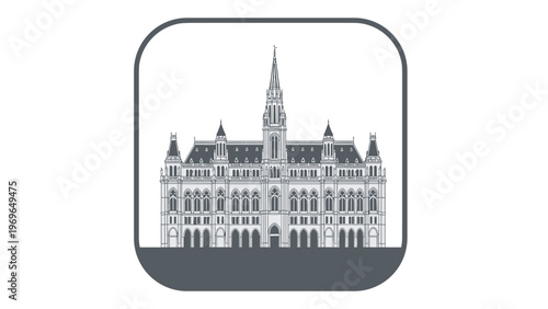 Minimalist architectural illustration of vienna city hall building in austria featured within a rounded frame icon.