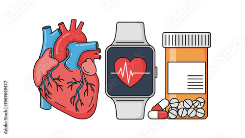 Medical health concept featuring human heart organ with smartwatch tracker and prescription bottle with pills.