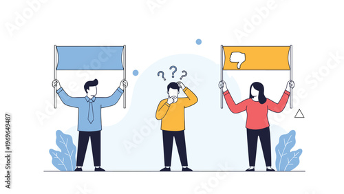 Confused man making a difficult decision between positive and negative feedback presented by colleagues holding signs with different options.