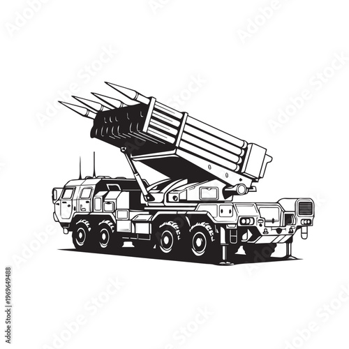 Monochrome illustration of a heavy military missile launcher truck with elevated launcher.
