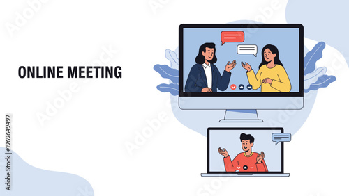 Online meeting concept showing people having a video conference on computer and laptop screens with message bubbles.