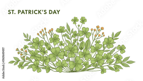 Green bush of clover shamrocks and small orange flowers with St. Patrick's Day text on a clean white background.