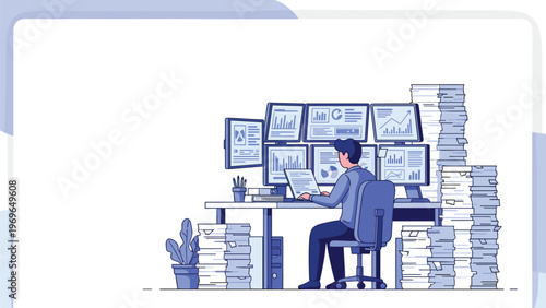 Professional analyst working at desk with multiple computer screens showing various financial charts and data stacks.