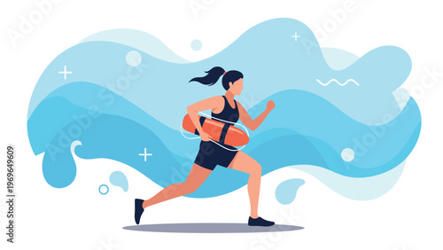 Professional female lifeguard in black swimsuit running with rescue buoy against abstract blue water wave background.