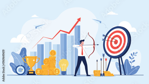 Successful businessman aiming at archery target with bow and arrow surrounded by financial growth charts and gold.