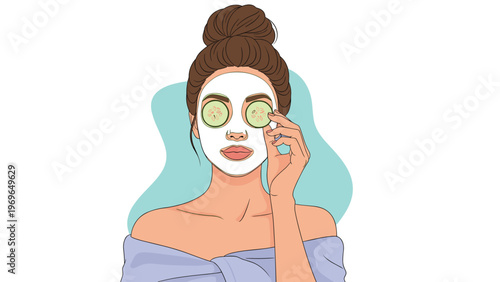 Young woman enjoying a facial beauty treatment with a white mud mask and cucumber slices on her eyes for skin care and relaxation at home.