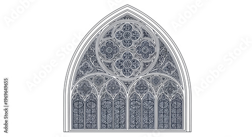 Graceful Gothic Window Design: A close-up shot of an intricate, detailed Gothic window design, showcasing the architectural beauty and artistry of the stained glass and tracery.