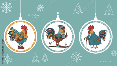 Three Christmas baubles featuring stylized roosters in winter clothes like a scarf, sweater, and coat with snowflakes.