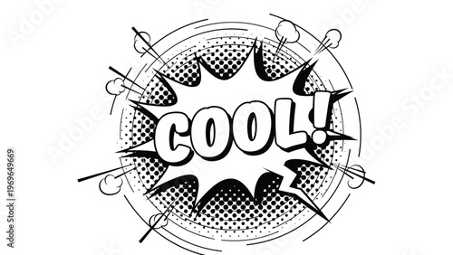 Dynamic comic book style speech bubble with the word cool written in bold letters surrounded by action lines and halftone patterns.