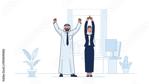 Professional Arab business man and woman in an office celebrating their successful project with raised hands.