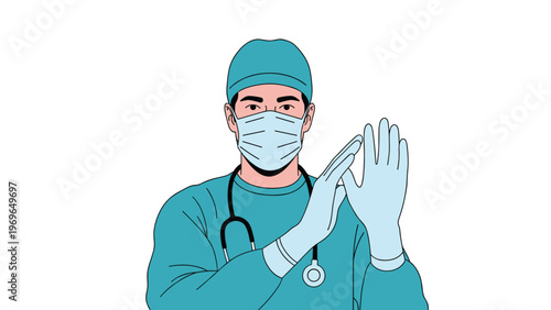 Professional male surgeon in blue medical scrubs wearing mask and cap putting on protective surgical gloves for surgery.