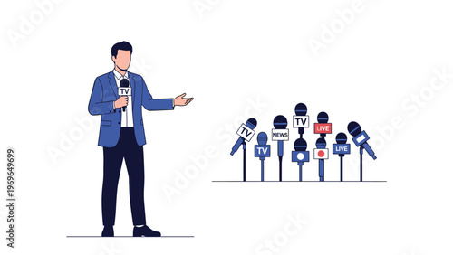 Male spokesperson in a blue suit holding a microphone while standing next to a cluster of press microphones at a news conference.