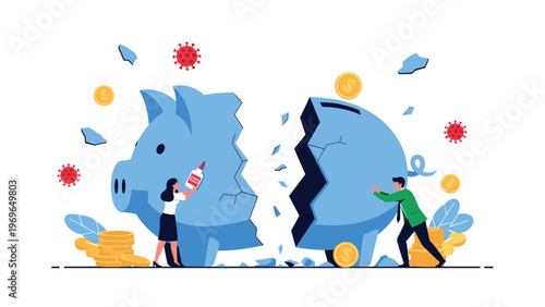 Business people attempting to glue and push back together a large broken blue piggy bank surrounded by coins and virus particles.