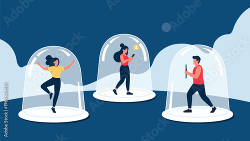 People practicing social distancing while enclosed in individual glass bubbles and engaging in different activities on a dark blue background.
