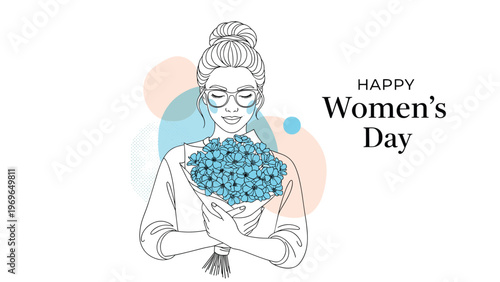 Elegant illustration for Happy Women's Day featuring a woman with glasses and a bun holding a large bouquet of blue flowers in her arms.