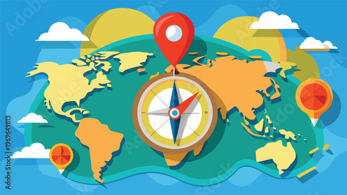 World map with compass and location pin showing geographic features and navigational tools used in exploration