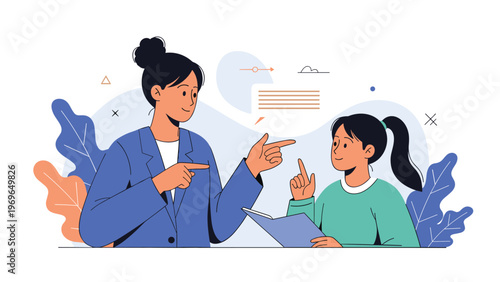 Friendly female teacher in a blue blazer explaining a lesson to a young student girl holding a book in a modern educational setting.
