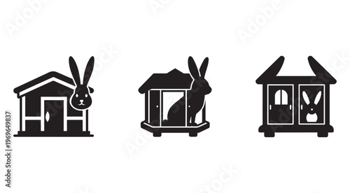 Black rabbit house icons with rabbit silhouettes on white background