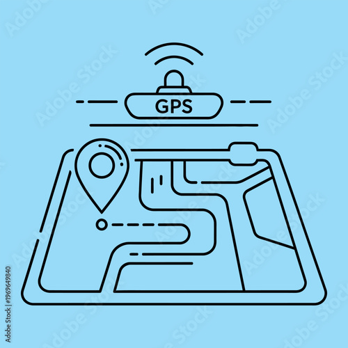 Minimalist line of G P S device with location pin symbol line GPS satellite