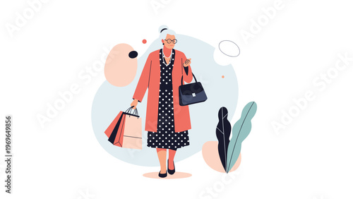 Elegant elderly woman with grey hair wearing a stylish coat and polka dot dress while carrying several shopping bags and a handbag.