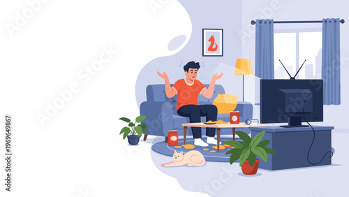 Young man sitting on a sofa and looking stressed or confused while watching television in a messy living room environment.