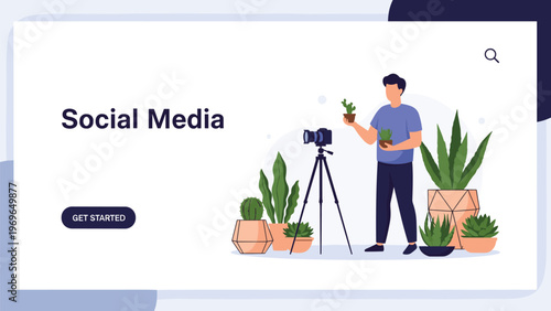 Social media website template design showing man taking photos of various potted plants in professional home studio.
