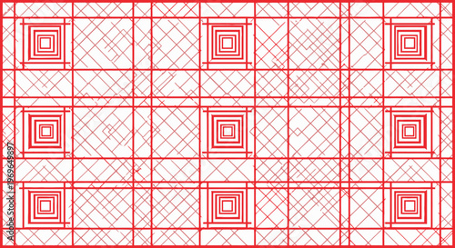 Geometric Grid Pattern: A symmetrical and intricate red geometric grid pattern, featuring nested squares and intersecting lines. 