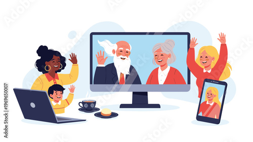 Diverse family members communicating through a large computer screen to stay connected with elderly grandparents during a virtual holiday gathering.