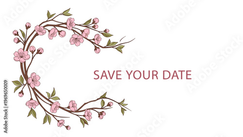 Elegant circular floral wreath made of delicate cherry blossom branches with the text save your date written on the side.
