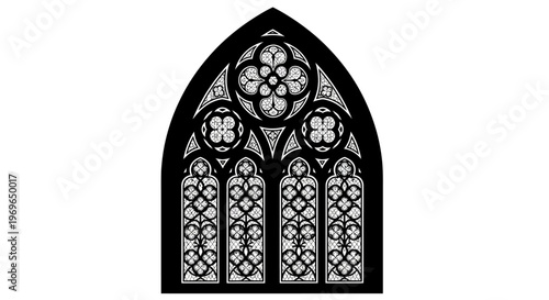 Gothic Window Elegance: A black and white depiction of a Gothic window, showcasing intricate tracery and the timeless beauty of ecclesiastical architecture.