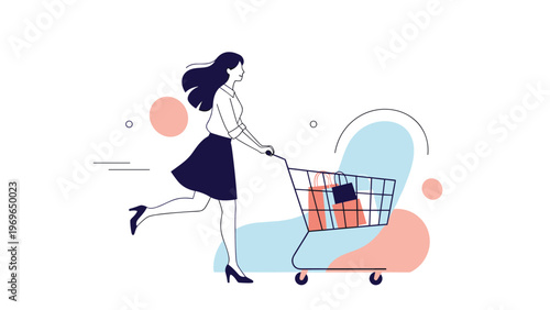 Stylish woman running quickly while pushing a shopping cart filled with colorful bags against an abstract background.