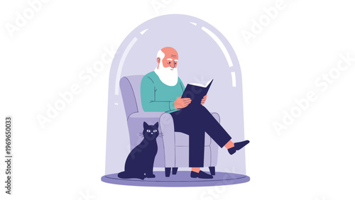 Elderly man with a beard sitting in an armchair and reading a book with his black cat inside a protective glass dome.