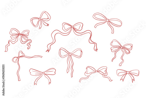 Pink Ribbon Bow Line Art Clipart Set — 10 Coquette Doodle Bow Elements PNG SVG Vector Illustration