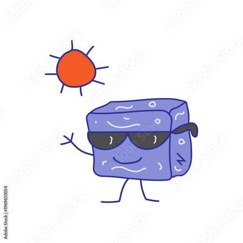 Cool ice cube cartoon character wearing sunglasses and waving under the sun vector illustration.