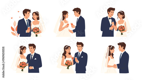 Collection of romantic wedding couple illustrations showing various poses including toasting with champagne and holding beautiful flower bouquets.