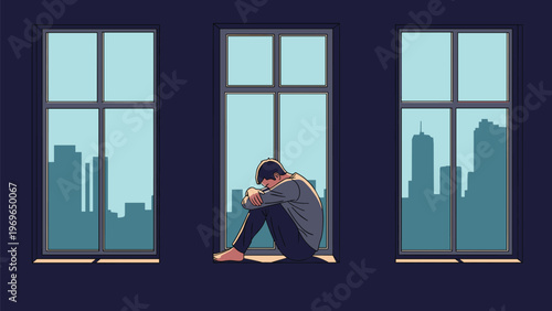 Lonely man sitting sadly on a window sill at night looking out at the city skyline from his dark apartment room.