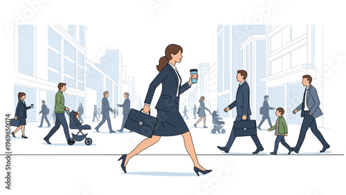 Busy urban scene with various people walking on a city street featuring a businesswoman in a suit carrying a briefcase and coffee.