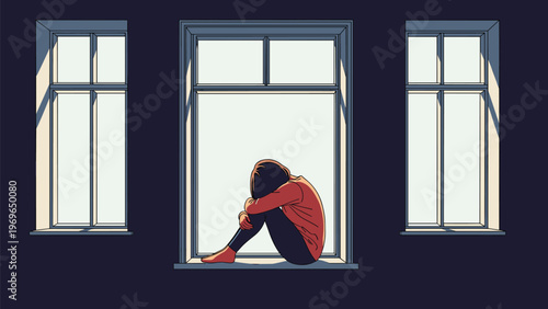 Lonely person sitting on a dark windowsill with their head down and knees pulled up in a moment of sadness or contemplation.