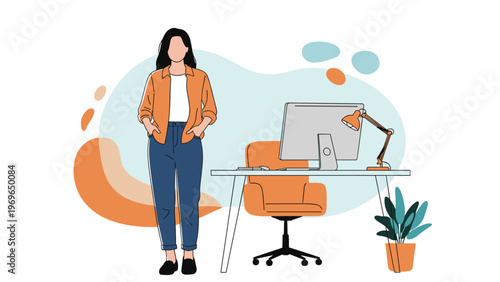 Young woman with long dark hair wearing a casual orange shirt and blue jeans standing in front of a modern home office desk.