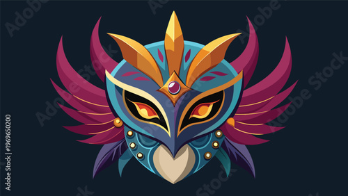 Colorful owl mask design on a dark background showing sharp features and bright colors with a blend of blue, gold, and purple elements