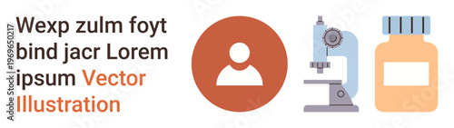 Healthcare, biomedical research, laboratory testing, scientific discovery, pharmaceutical studies, diagnostic tools. Person icon, microscope and a medicine bottle. Healthcare and biomedical research