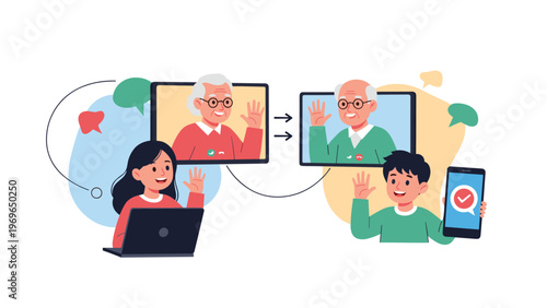 Group of children using different digital devices like laptops and smartphones to have a joyful video call with their elderly grandparents at home.
