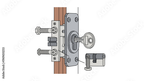 Detailed technical illustration of a metal door lock mechanism showing the internal cylinder components and a silver key inserted in the keyhole.