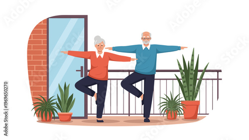 Elderly man and woman practicing yoga and balancing on one leg while standing on a balcony with many potted plants.