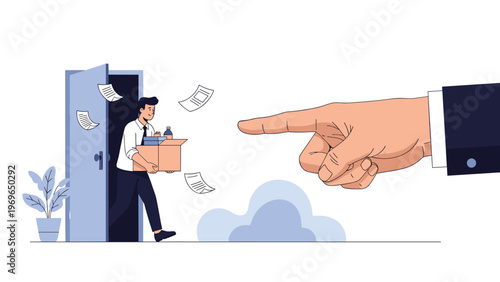 Depressed businessman carrying a box of personal belongings while being fired by a giant hand pointing him toward the door.